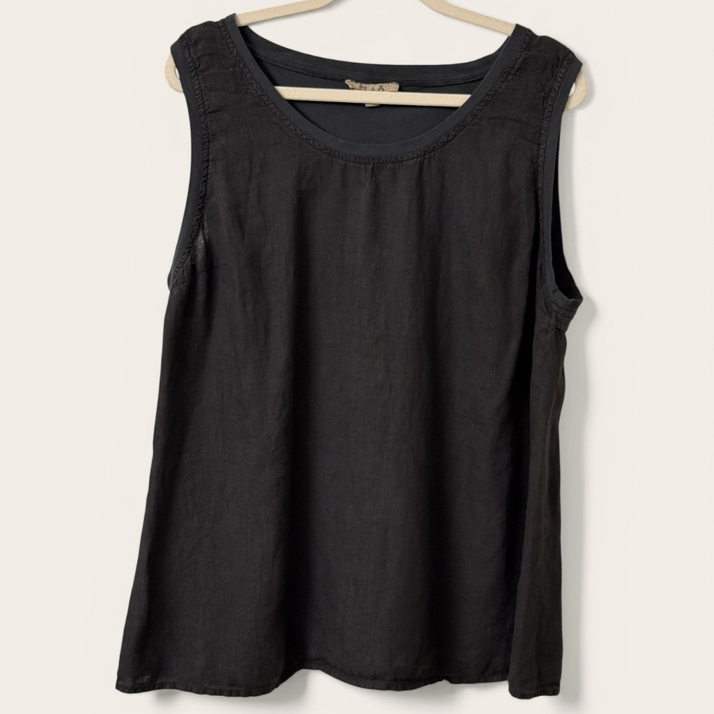FLAX Linen & Cotton Mixed Media Tank Top Size Large Black Lagenlook Layer Tunic